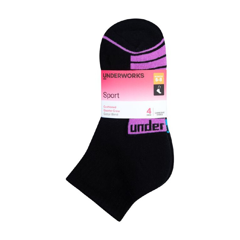 Underworks Women's Quarter Crew Sport Socks 4 Pack, Black2, hi-res