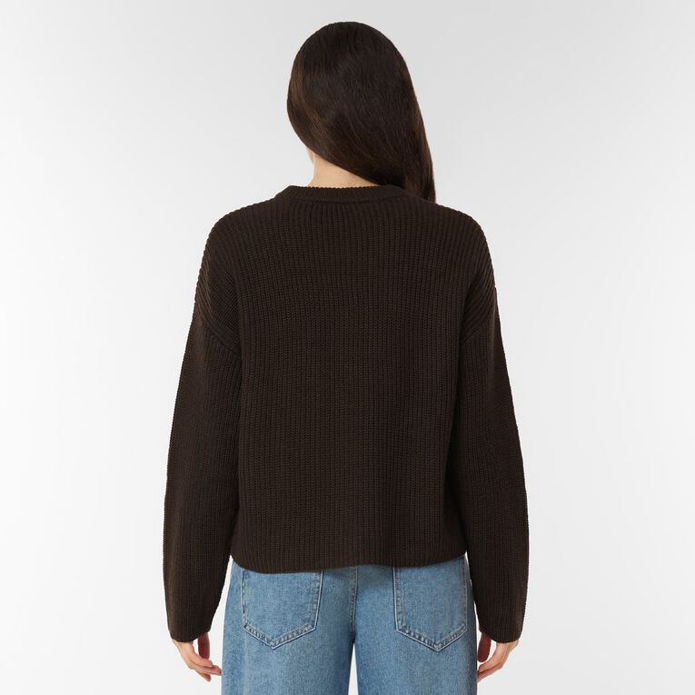 H&H Women's Long Sleeve Boxy Cotton Like Rib Crew, Brown Dark, hi-res