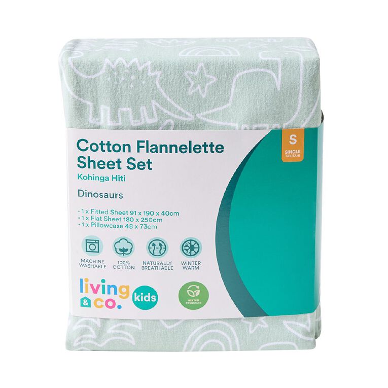 Living & Co Kids Cotton Flannelette Sheet Set Dino Green Single, , hi-res