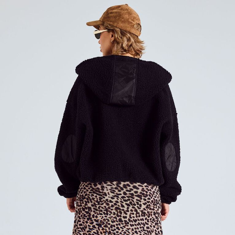 BRDRLESS Cleo ZIp-Thru Long Sleeve Teddy Fleece, Black, hi-res