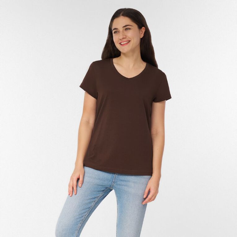 H&H Women's Essential Short Sleeve V-Neck Tee, Brown Dark, hi-res