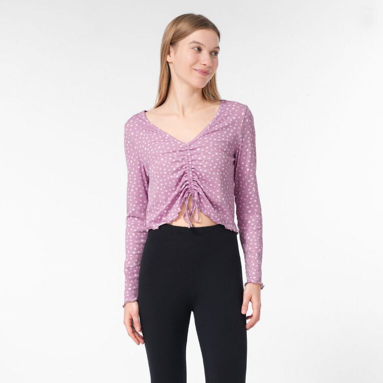 H&H Women's Gathered Rib Pyjama Top, Purple Mid, hi-res