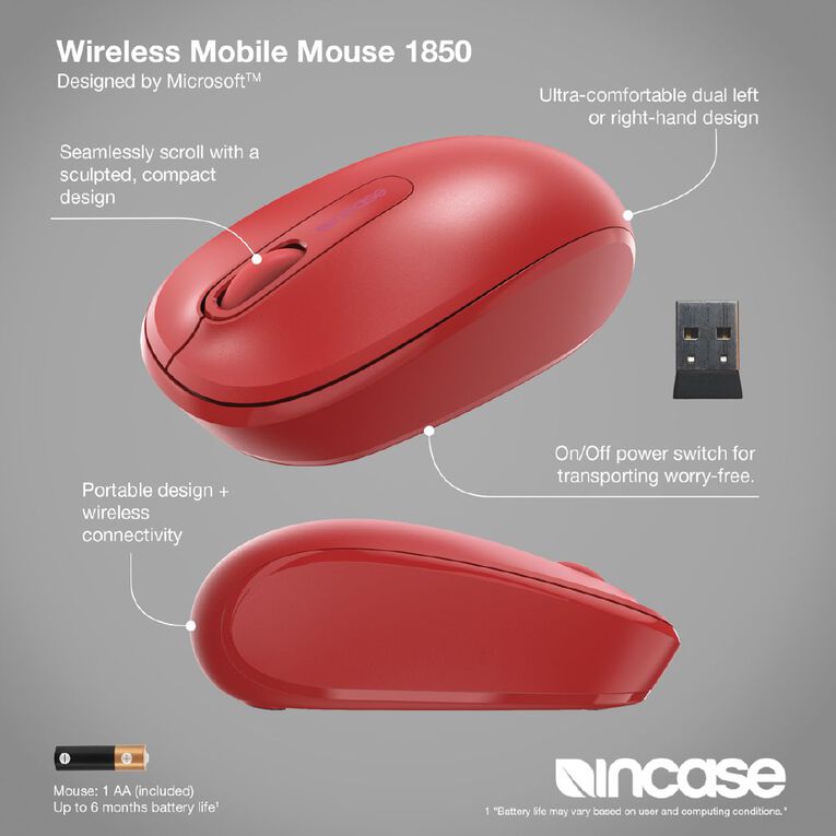 Incase Designed by Microsoft Wireless Mobile Mouse 1850 - Flame Red, , hi-res