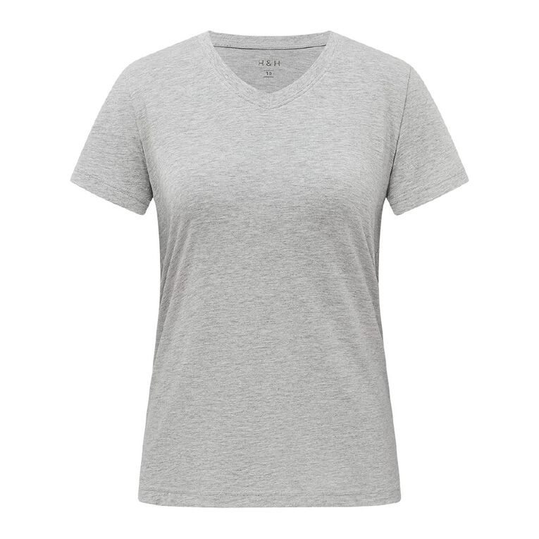 H&H Women's Short Sleeve V-Neck Cotton Tee, Grey Marle, hi-res