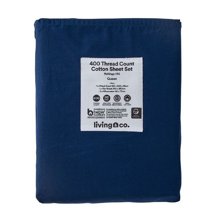 Living & Co Cotton 400 Thread Count Sheet Set Navy Super King, Navy, hi-res