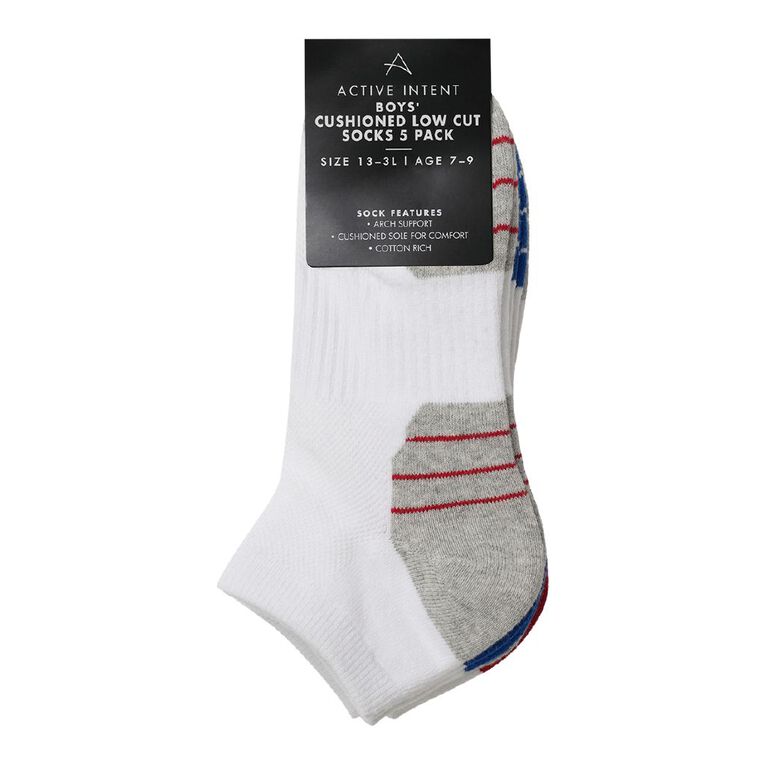 Active Intent Boys' Cushioned Low Cut Socks 5 Pack, White, hi-res