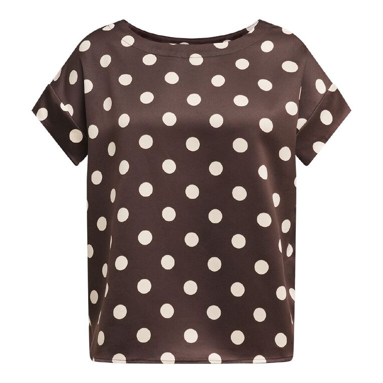 H&H Women's Short Sleeve Satin Shell Top, Brown Dark, hi-res
