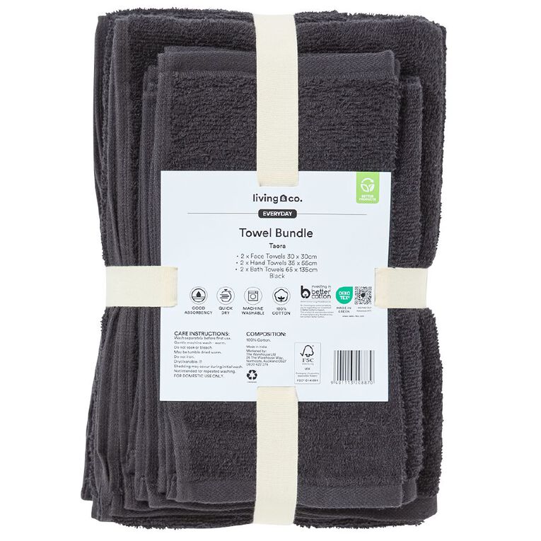 Living & Co Everyday Towel Bundle Black 6 Pack, Black, hi-res