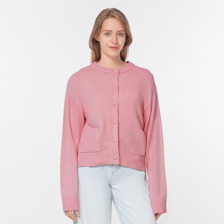 H&H Women's Chunky Button Crew Cardigan, Pink Light, hi-res