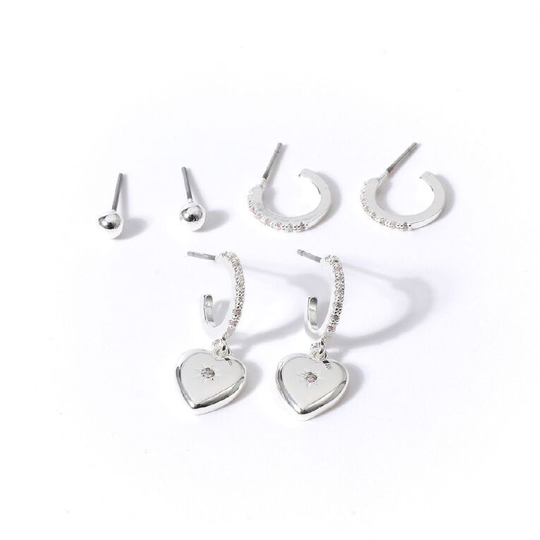 Silver Plated Heart CZ Earrings 3 Pairs, , hi-res
