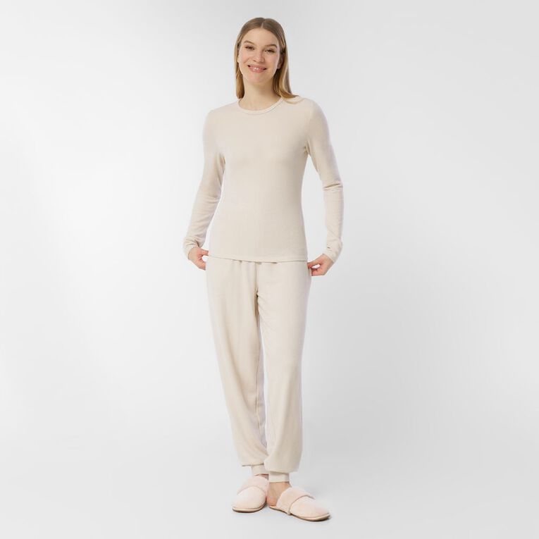 H&H Women's Brushed Knit Cuffed Lounge Pants, Cream, hi-res