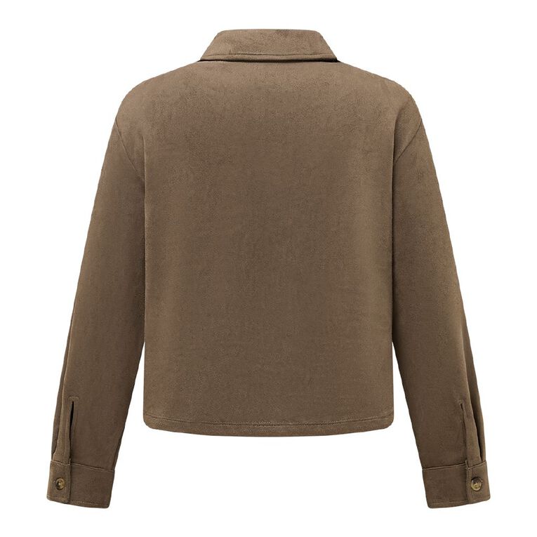 H&H Women's Long Sleeve Boxy Crop Suede Shirt, Brown Light, hi-res