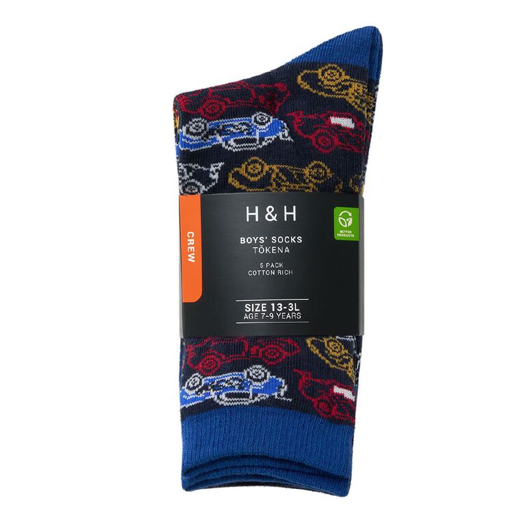 H&H Boys' Crew Jacquard Socks 5 Pack, Blue Dark, hi-res