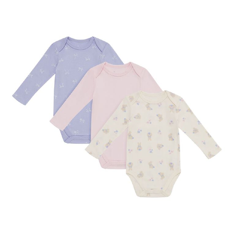 Young Original Babies' Long Sleeve Printed Bodysuit 3 Pack, Cream BUNNY, hi-res