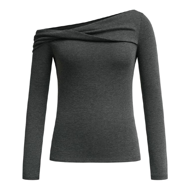 H&H Women's Long Sleeve Ribbed Twist Neckline Top, Grey Mid, hi-res