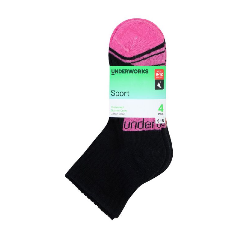 Underworks Kids' Quarter Crew Sport Socks 4 Pack, Black S25 GBL2, hi-res