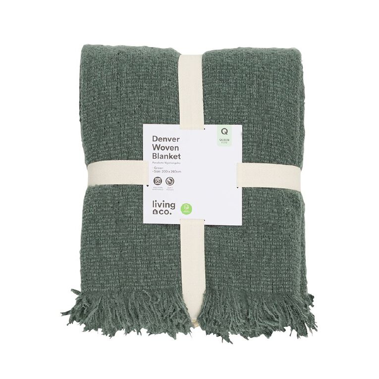 Living & Co Soft Woven Denver Blanket Green Queen, , hi-res