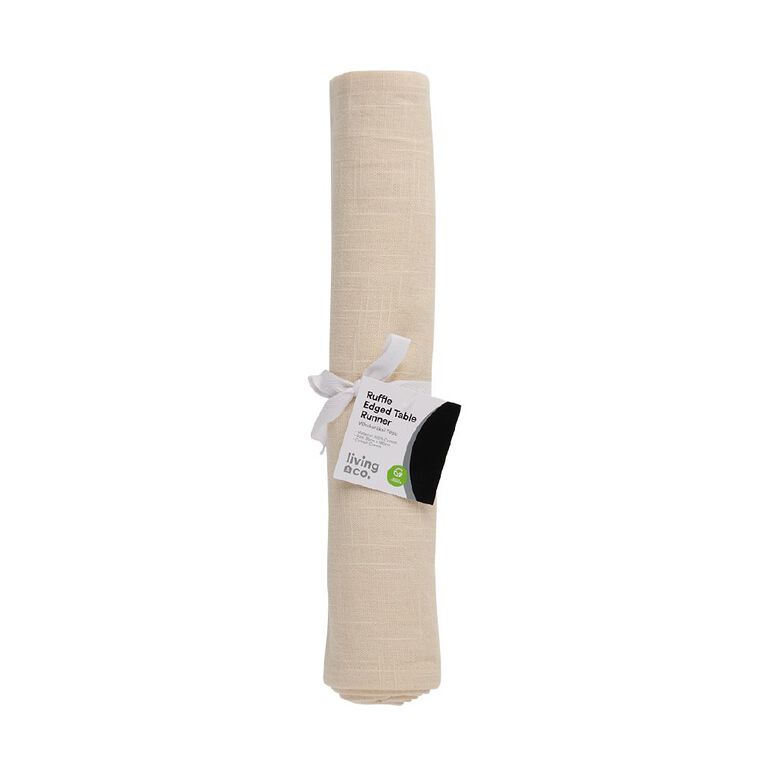 Living & Co Washed Cotton Ruffle Edged Table Runner Cream, , hi-res