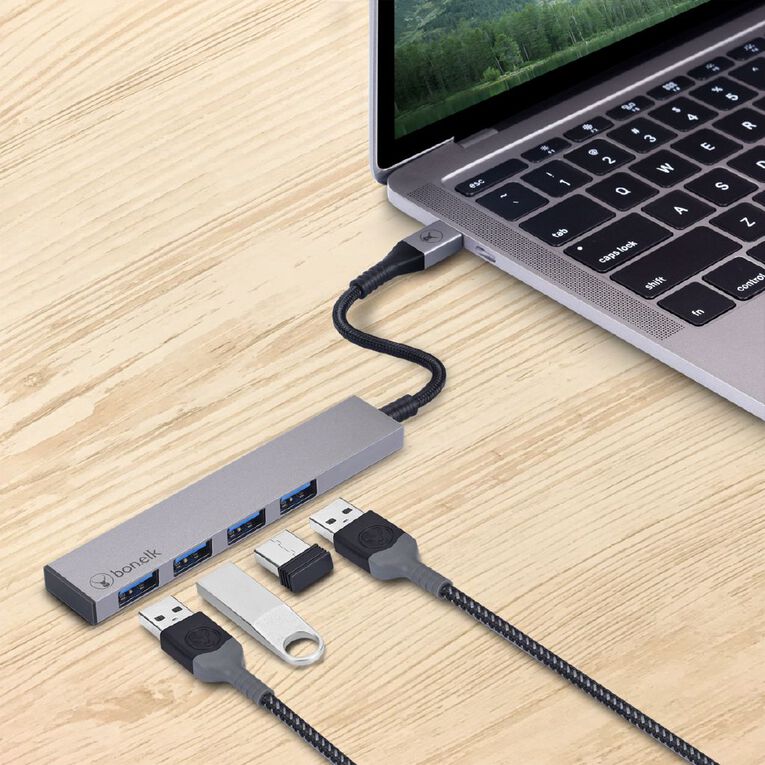 Bonelk Long Life USB C to 4 Port USB 3.0 Slim Hub Space Grey Grey, , hi-res