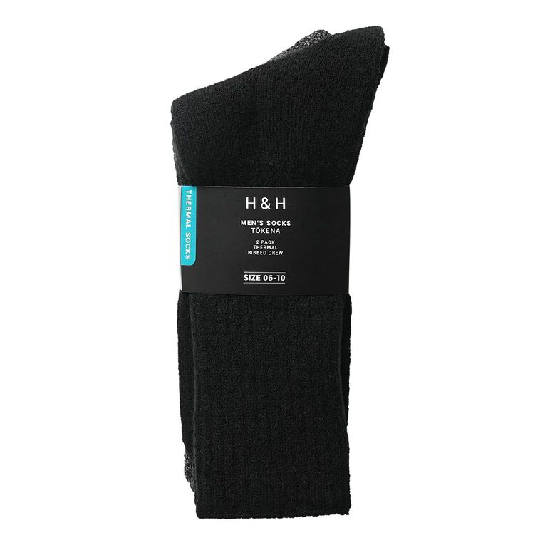 H&H Men's Ribbed Thermal Crew Socks 2 Pack, Black/Grey, hi-res