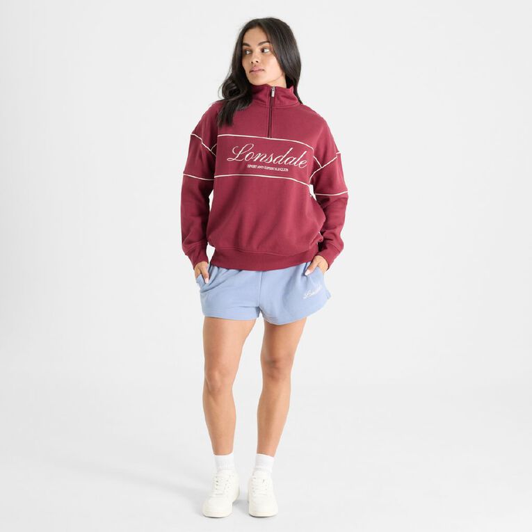 Lonsdale Women's Piped Boxy Quarter Zip Sweatshirt, Red Dark, hi-res