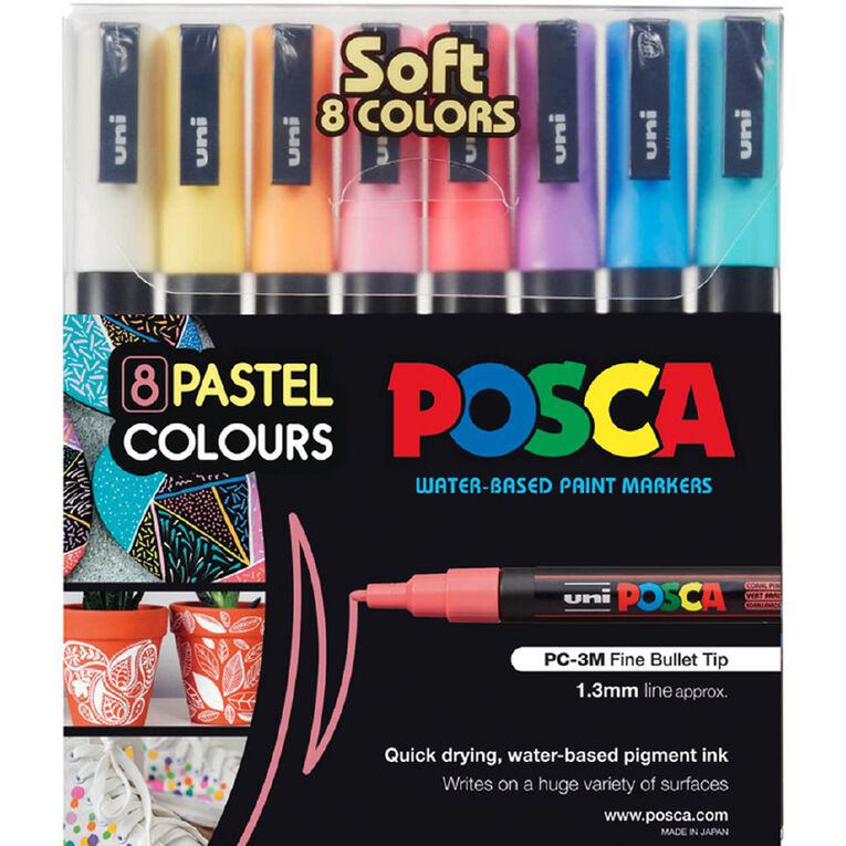 Uni Posca Marker 0.9-1.3 Soft Colours 8 Pack Assorted, , hi-res