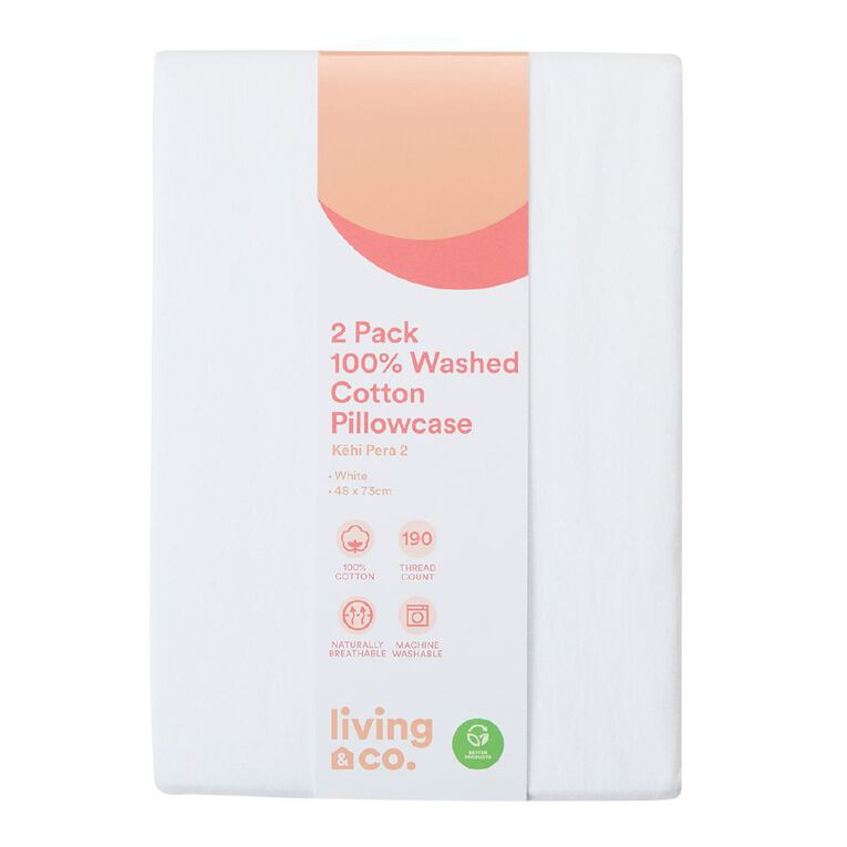 Living & Co 100% Washed Cotton 2 Pack Pillowcase White 48cm x 73cm, White, hi-res