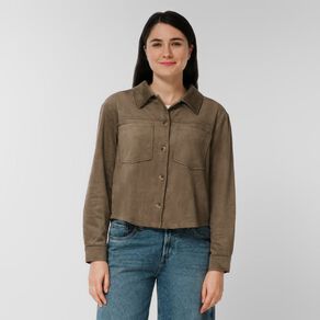 H&H Women's Long Sleeve Boxy Crop Suede Shirt