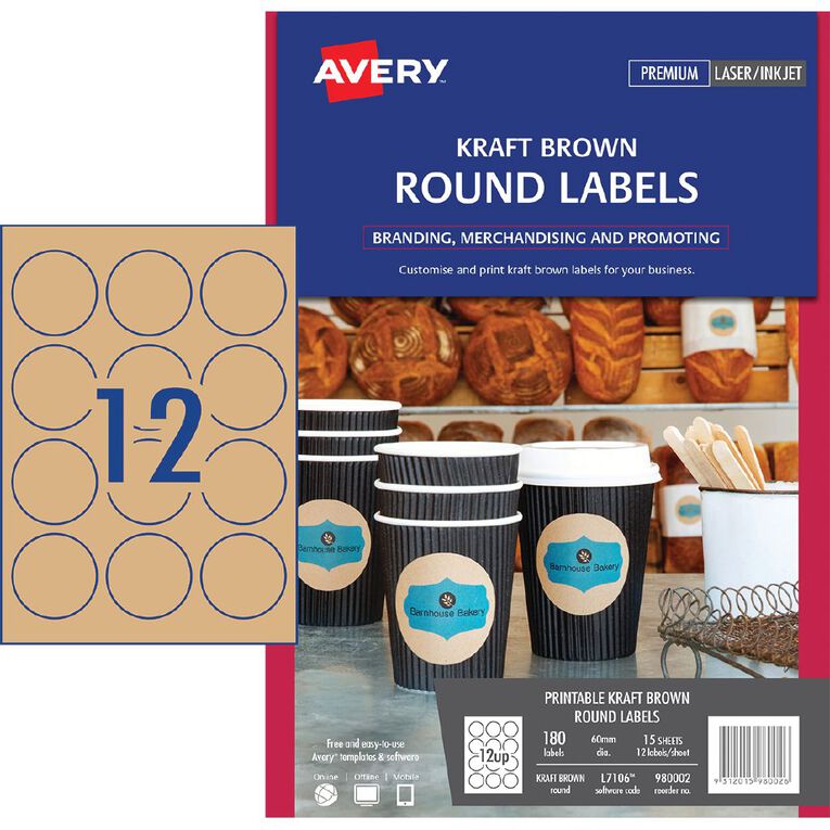 Avery Round Labels Kraft Brown 60mm Diameter 180 Labels