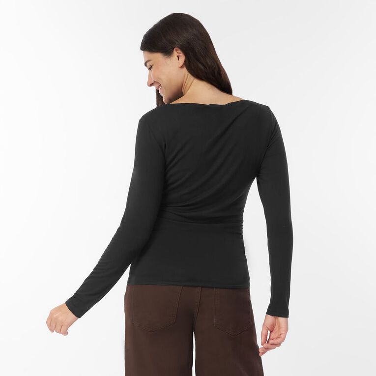 H&H Women's Long Sleeve Large Eyelet Ruched Top, Black, hi-res