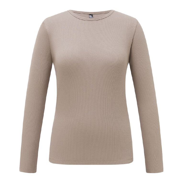 H&H Women's Long Sleeve Classic Rib Crew Tee, Brown Light, hi-res