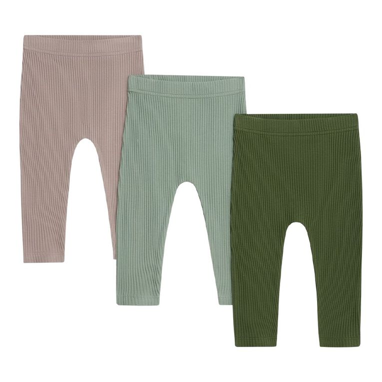Young Original Babies' Rib Leggings 3 Pack, Green Mid, hi-res