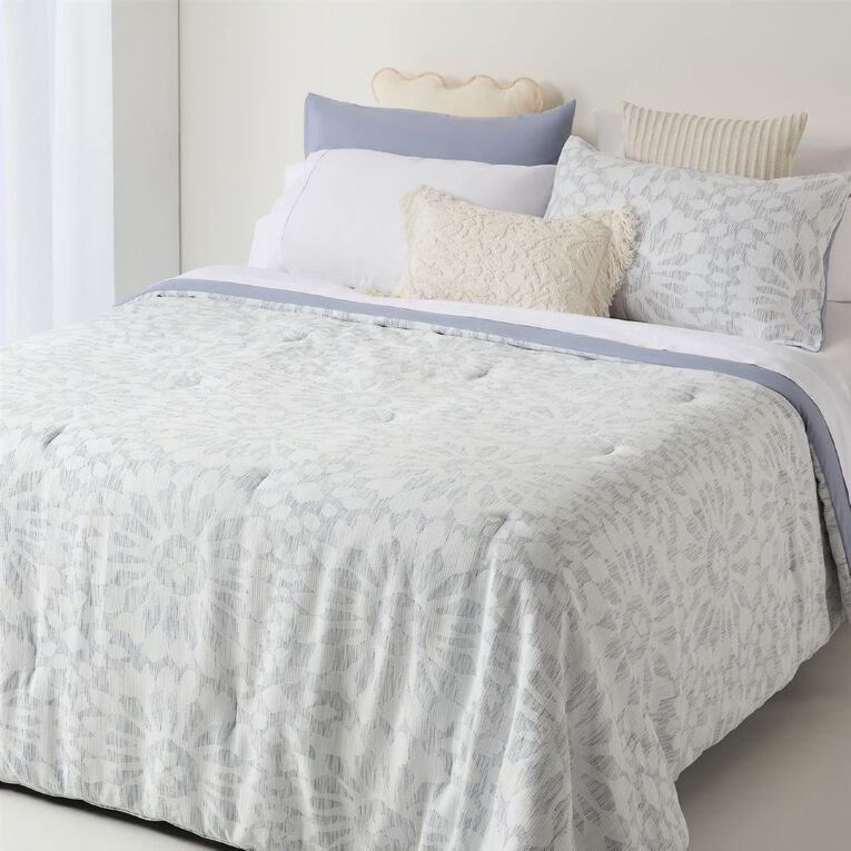 Living & Co 3 Piece Comforter Set Chenille Jacquard Blue Queen, , hi-res