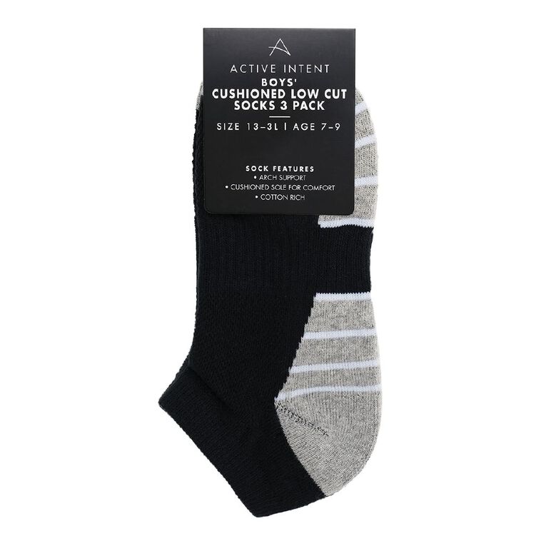 Active Intent Boys' Low Cut Cushioned Socks 3 Pack, Black, hi-res