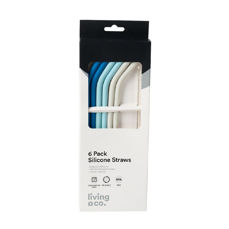 Living & Co Silicone Straws Blue 6 Pack, , hi-res
