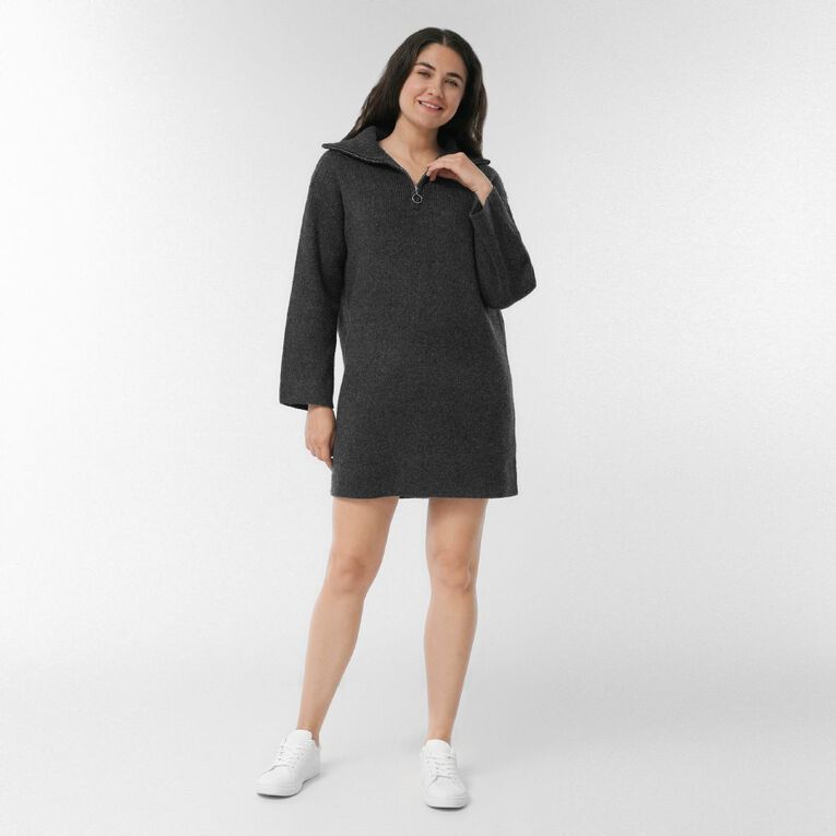 H&H Women's Long Sleeve Knitted Rib Mini Dress, Charcoal/Marle, hi-res