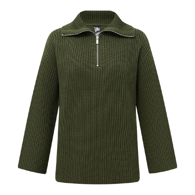 H&H Women's Quarter Zip Rib Knit Jumper, Green Dark, hi-res