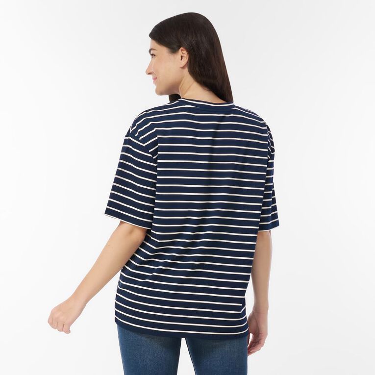H&H Women's Short Sleeve Boxy Stripe Tee, Blue Dark, hi-res