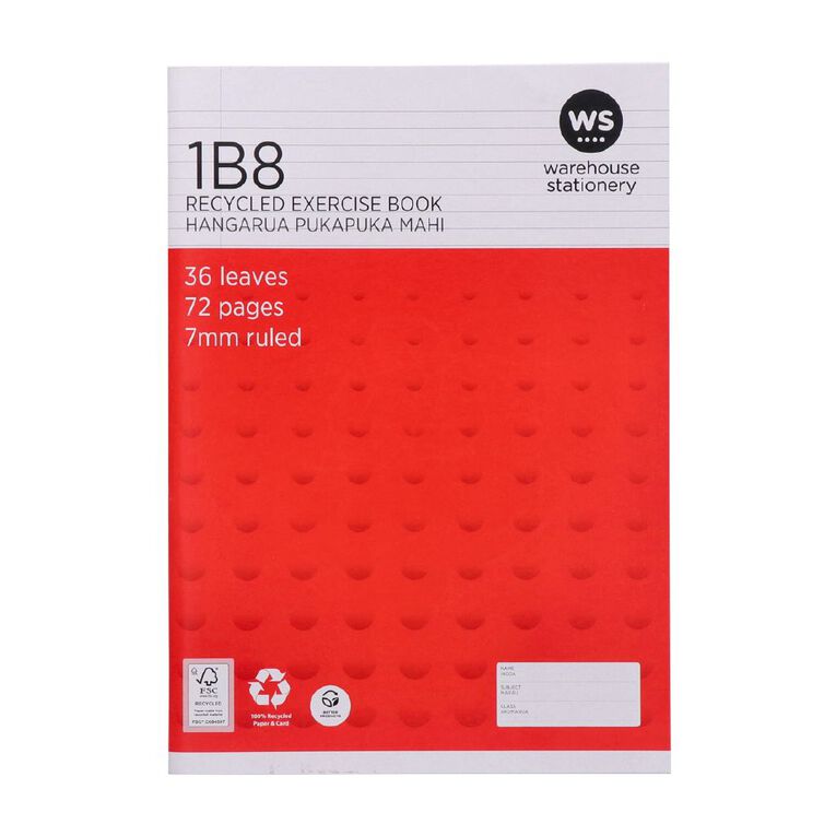 WS Exercise Book 1B8 7mm Ruled 36 Leaf Red, , hi-res