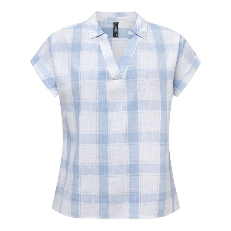 H&H Women's Short Roll Sleeve Linen Blend Blouse, Blue, hi-res