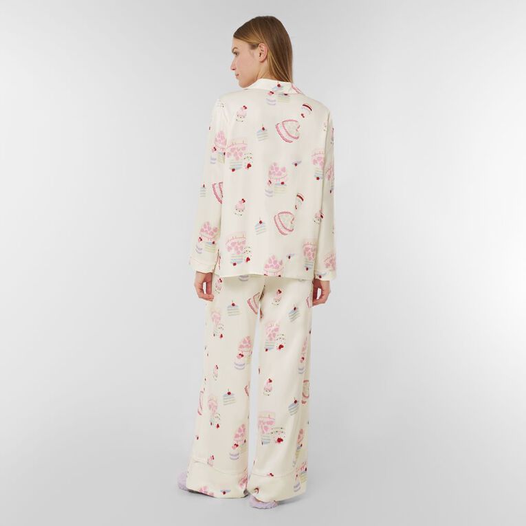 H&H Women's Satin Button Up Pyjama Set, White, hi-res