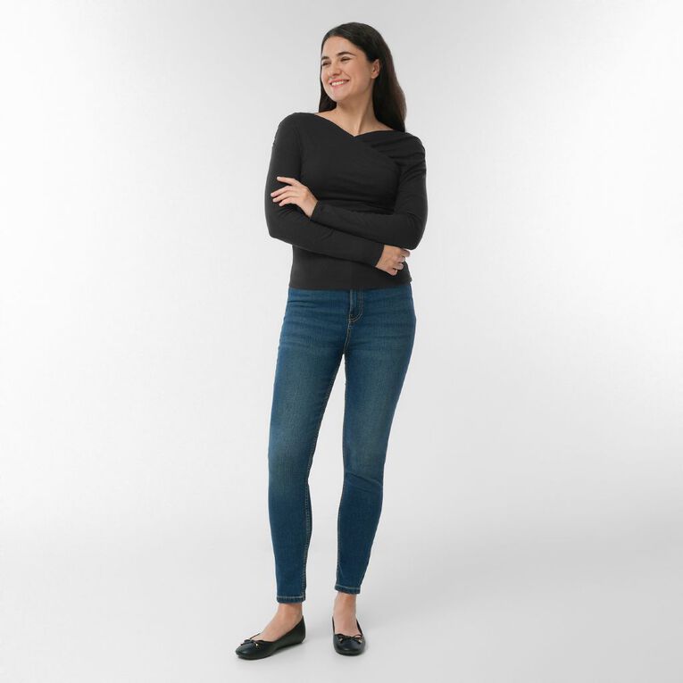 H&H Women's Long Sleeve Ribbed Ruched Off Shoulder Top, Black, hi-res
