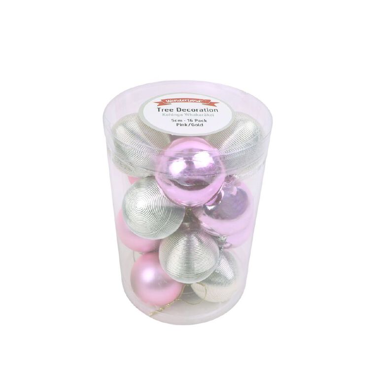 Wonderland Christmas Baubles 5cm Pink & Gold 16 Pack, , hi-res