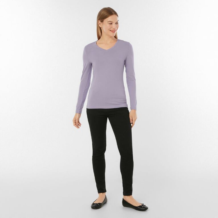 H&H Essentials Women's Stretch Cotton Long Sleeve V Neck, Purple Light, hi-res