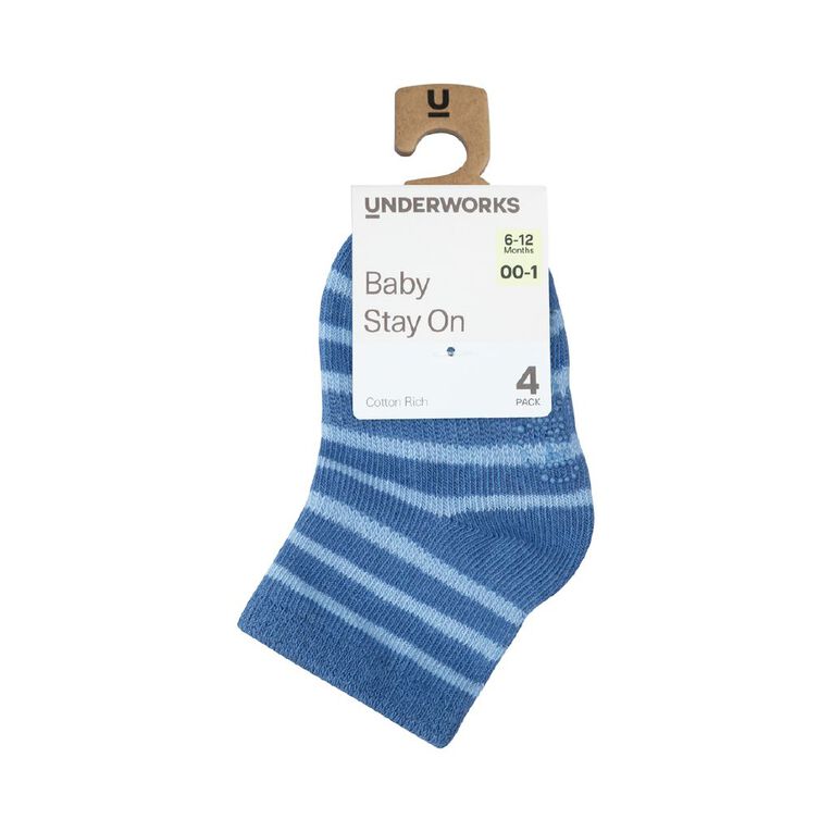 Underworks Infants' Stay On Crew Socks 4 Pack, Blue Mid, hi-res