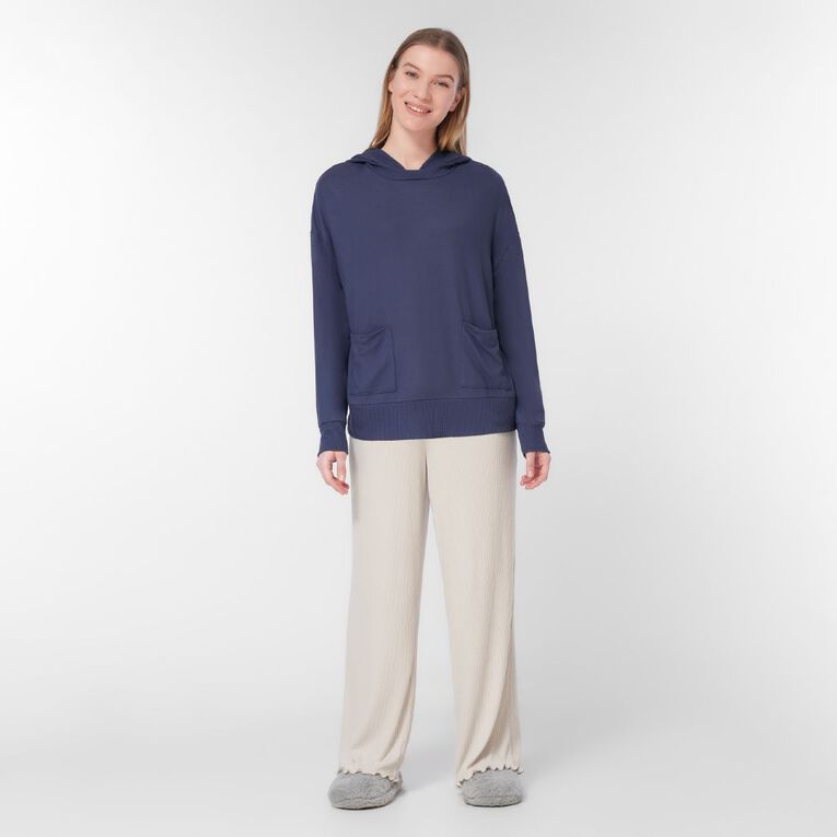 H&H Women's Soft Touch Hooded Pyjamas Top, Blue Dark, hi-res