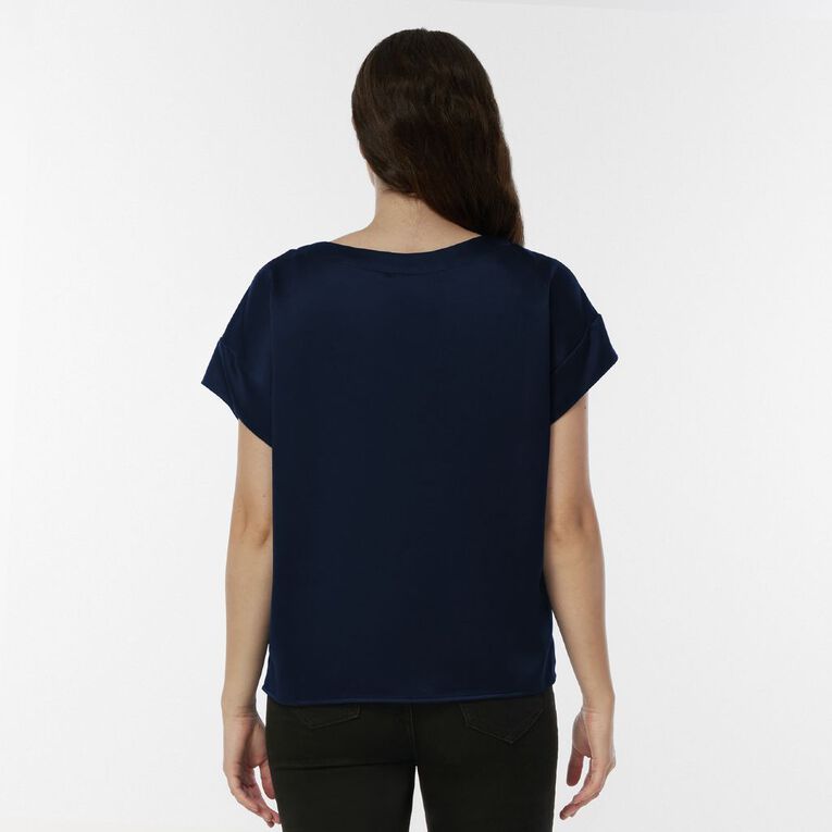 H&H Women's Short Sleeve Satin Shell Top, Navy, hi-res