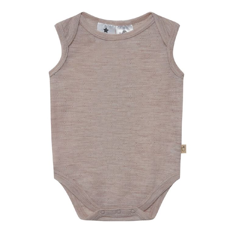 Young Original Babies' Merino Pointelle Sleeveless Bodysuit, Brown Light, hi-res