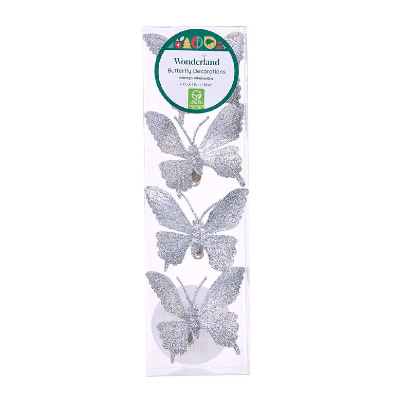 Wonderland Butterfly Christmas Decoration 4 Pack Silver 9cm, , hi-res