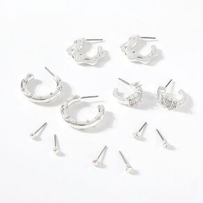 H&H Molten Shape Clear Gem Hoop Silver Earrings 6 Pairs